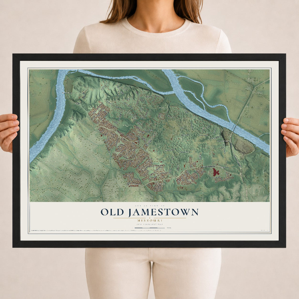 Map of Old Jamestown, Missouri, 18 x 24 inch print in a black wood frame