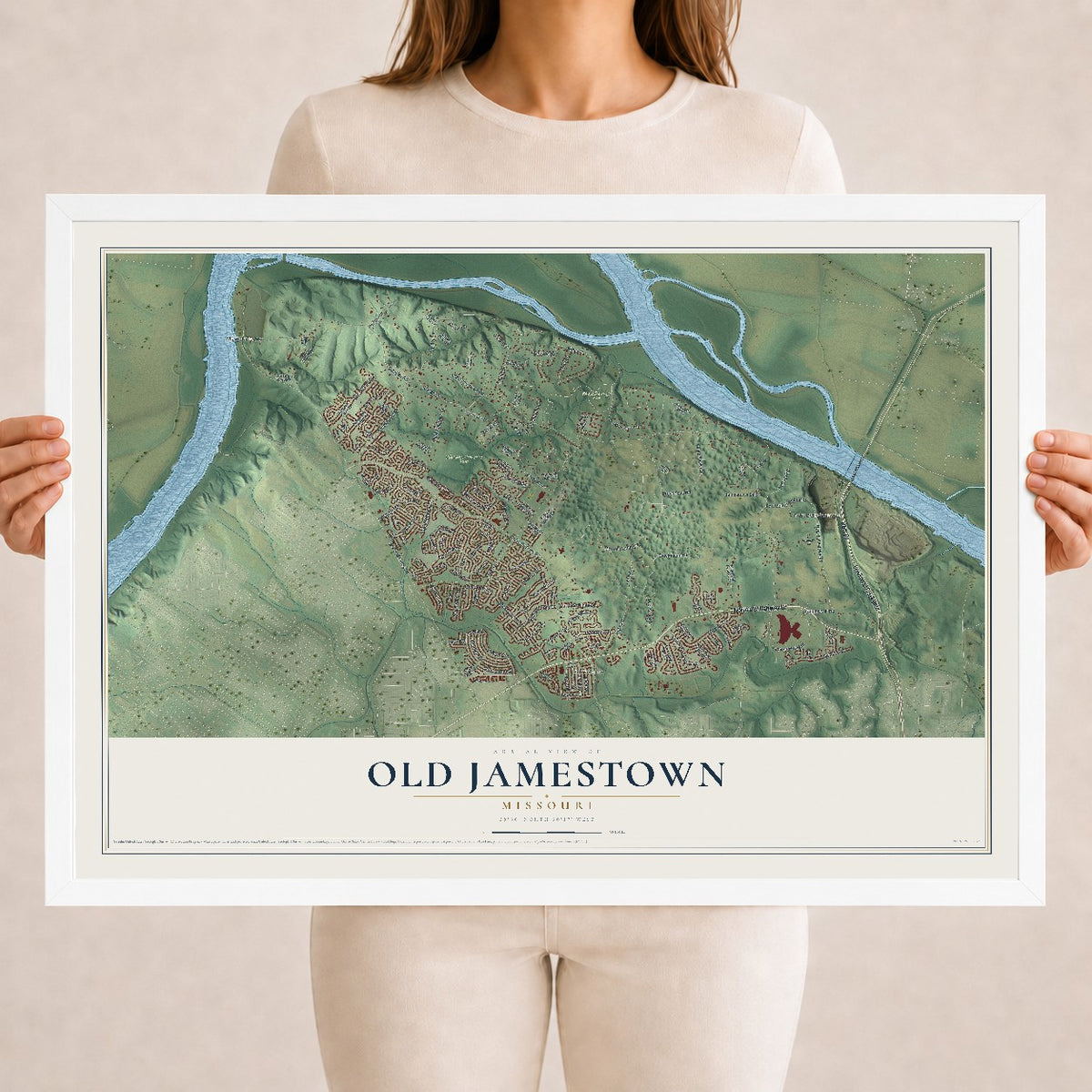 Map of Old Jamestown, Missouri, 18 x 24 inch print in a white wood frame