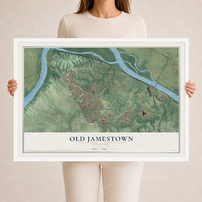 Map of Old Jamestown, Missouri, 24 x 36 inch print in a white wood frame