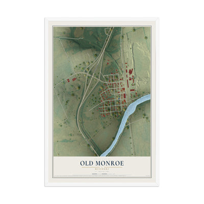 Map of Old Monroe, Missouri, 12 x 18 inch print in a white wood frame