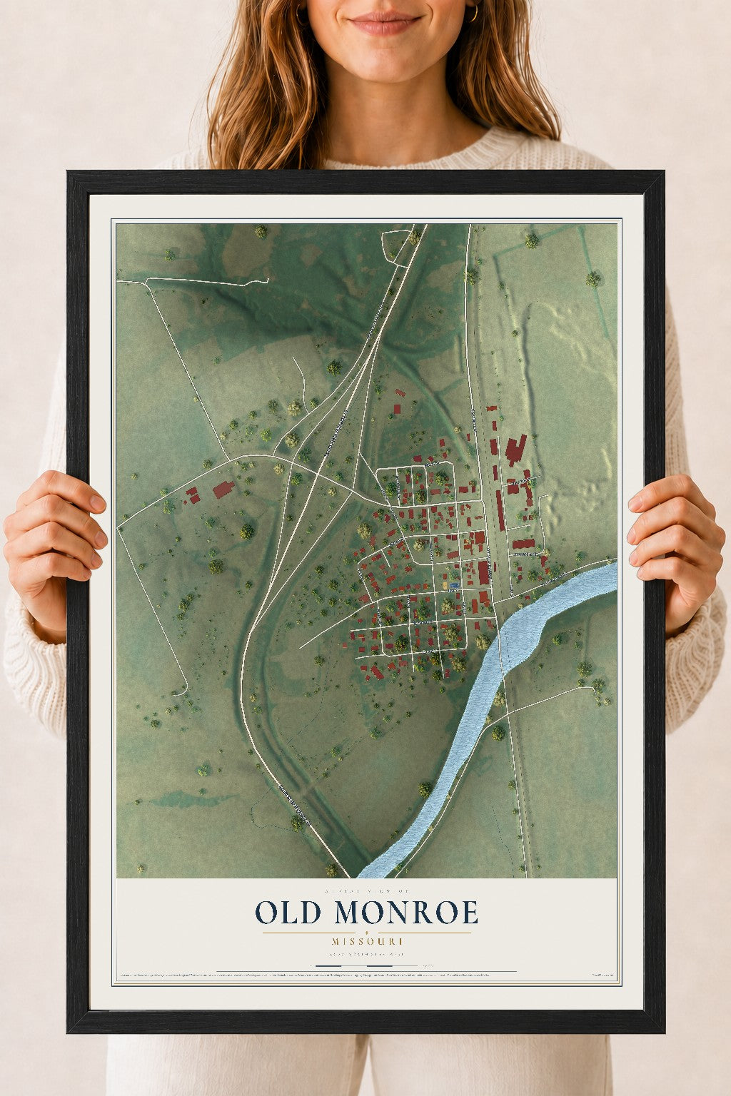 Map of Old Monroe, Missouri, 18 x 24 inch print in a black wood frame
