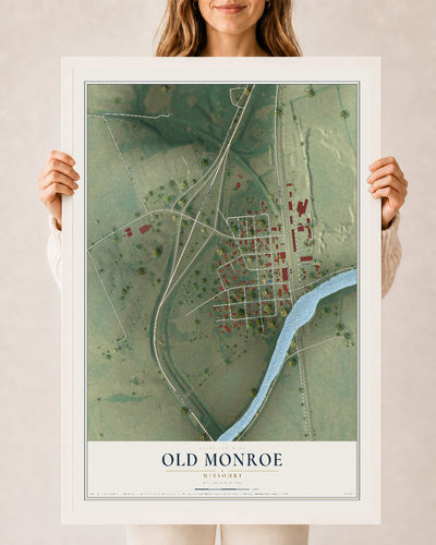 Map of Old Monroe, Missouri, 24 x 36 inch print in a white wood frame