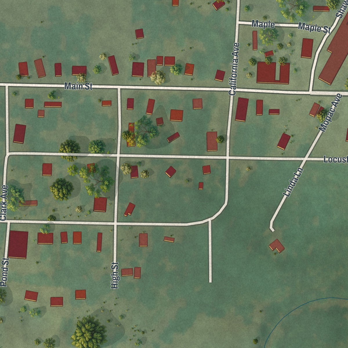 Close-up of the map of Olean, Missouri print showing street and building detail
