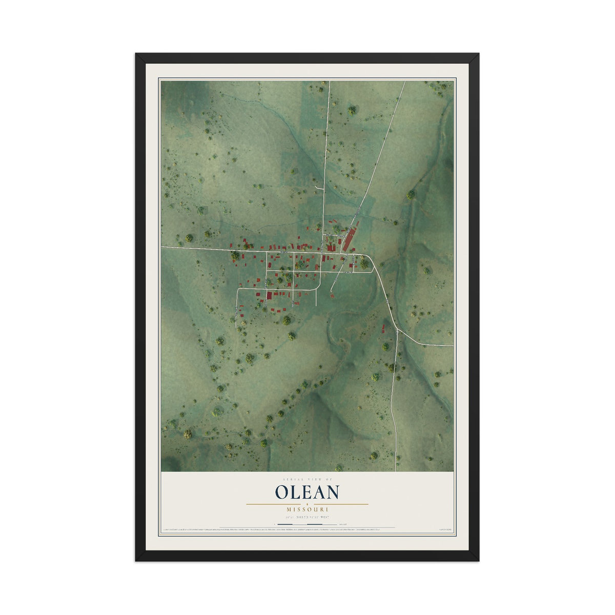 Map of Olean, Missouri, 12 x 18 inch print in a black wood frame