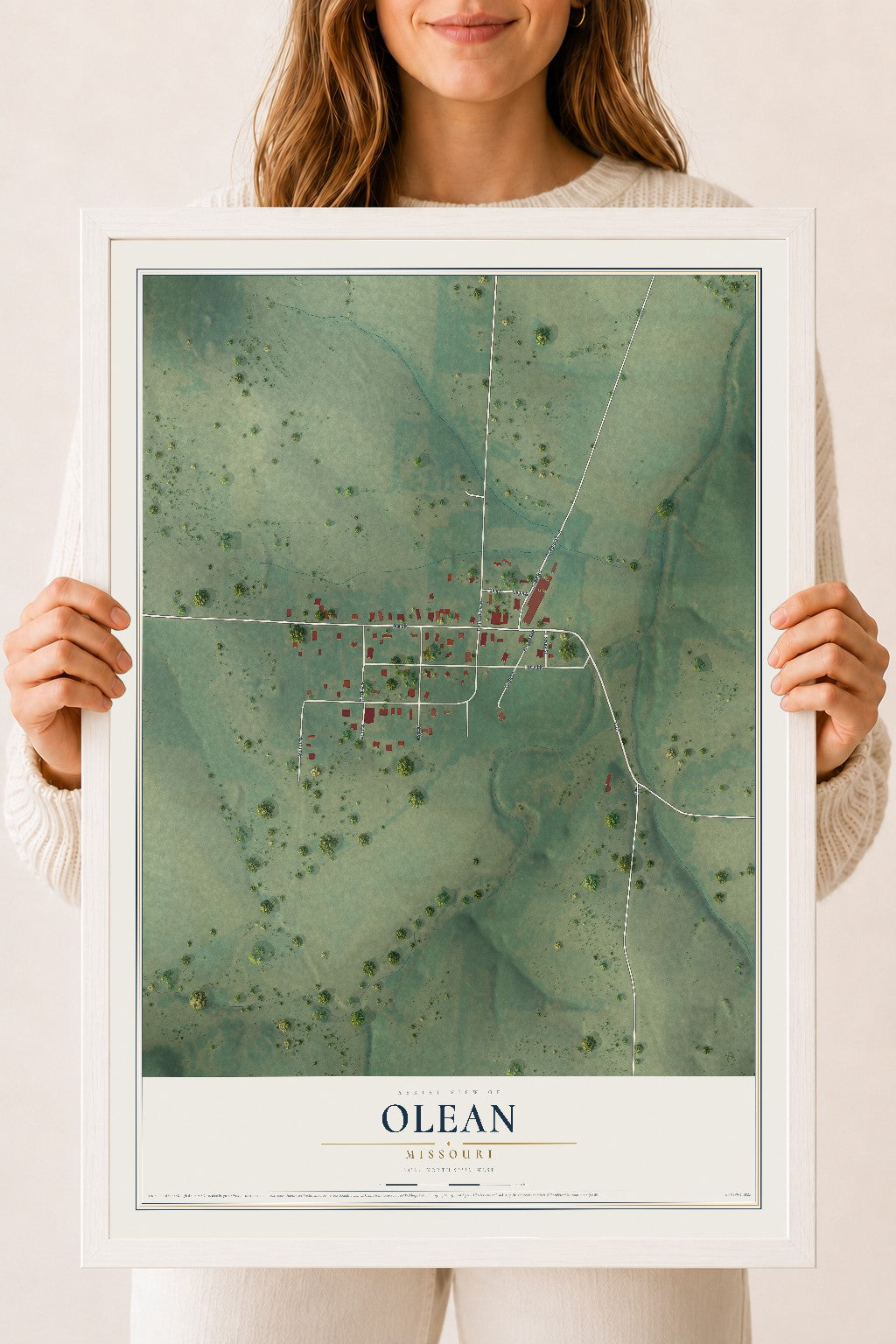 Map of Olean, Missouri, 18 x 24 inch print in a white wood frame