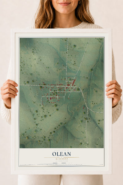Map of Olean, Missouri, 18 x 24 inch print in a white wood frame