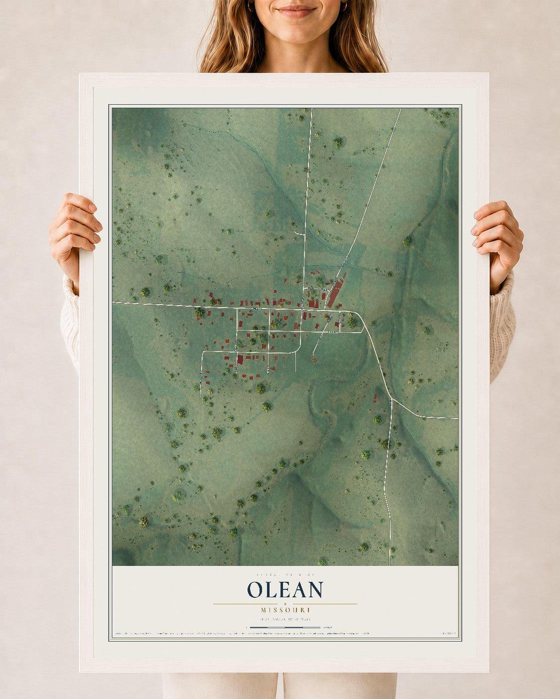 Map of Olean, Missouri, 24 x 36 inch print in a white wood frame