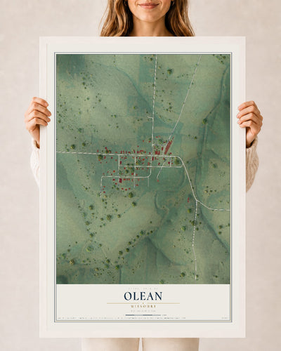 Map of Olean, Missouri, 24 x 36 inch print in a white wood frame