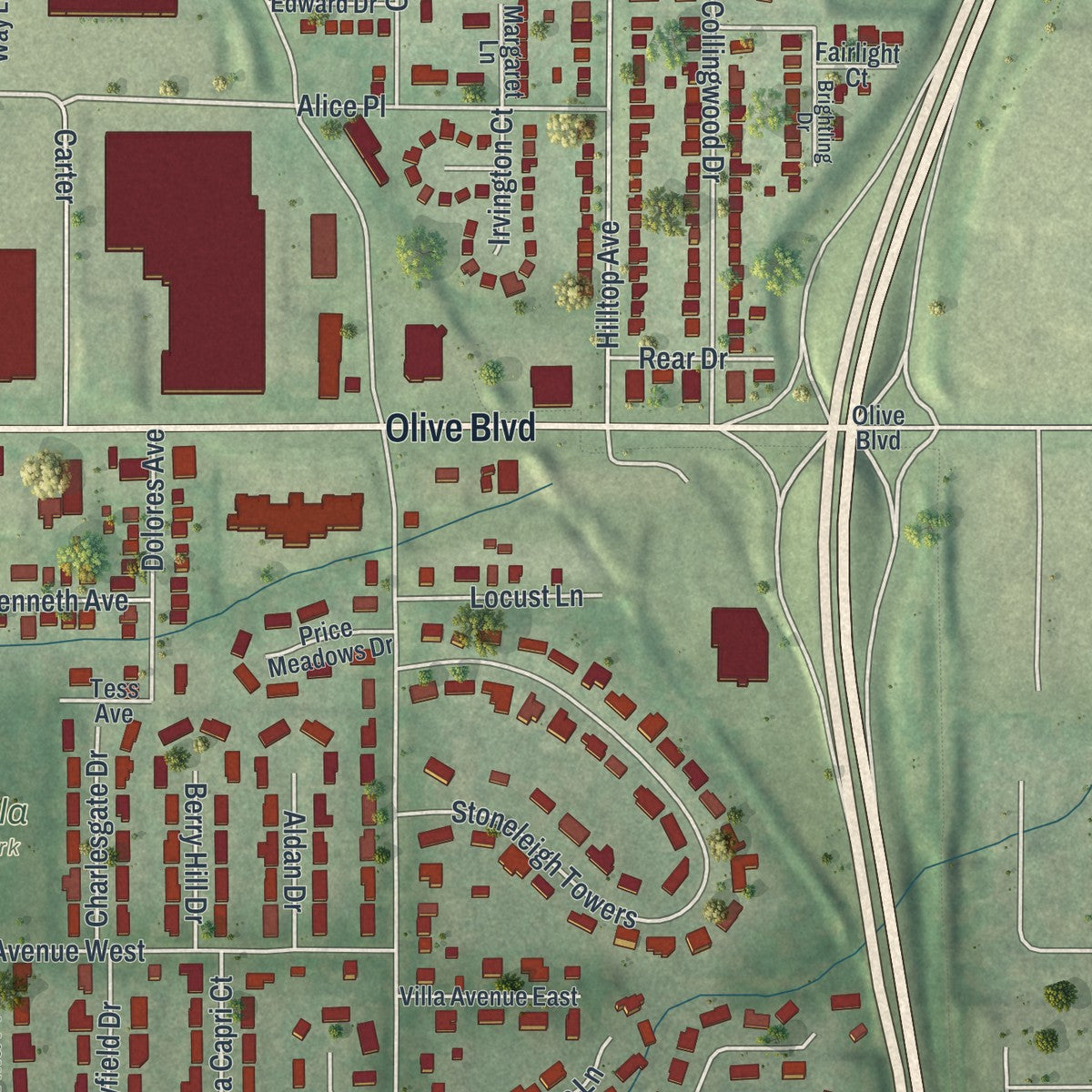 Second close-up of the map of Olivette, Missouri print showing more streets and buildings