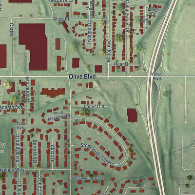 Second close-up of the map of Olivette, Missouri print showing more streets and buildings