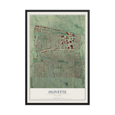 Map of Olivette, Missouri, 12 x 18 inch print in a black wood frame
