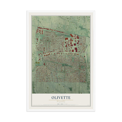 Map of Olivette, Missouri, 12 x 18 inch print in a white wood frame