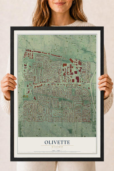 Map of Olivette, Missouri, 18 x 24 inch print in a black wood frame