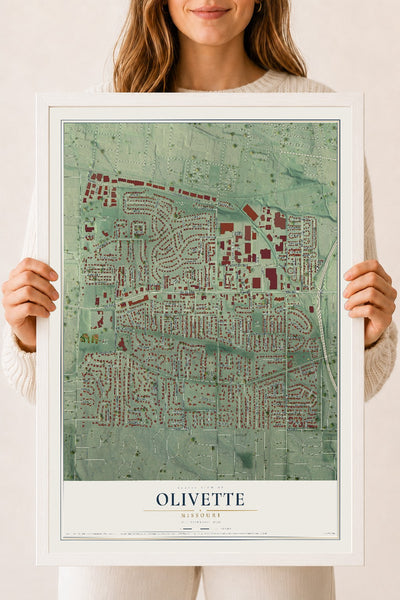 Map of Olivette, Missouri, 18 x 24 inch print in a white wood frame
