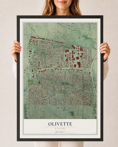 Map of Olivette, Missouri, 24 x 36 inch print in a black wood frame