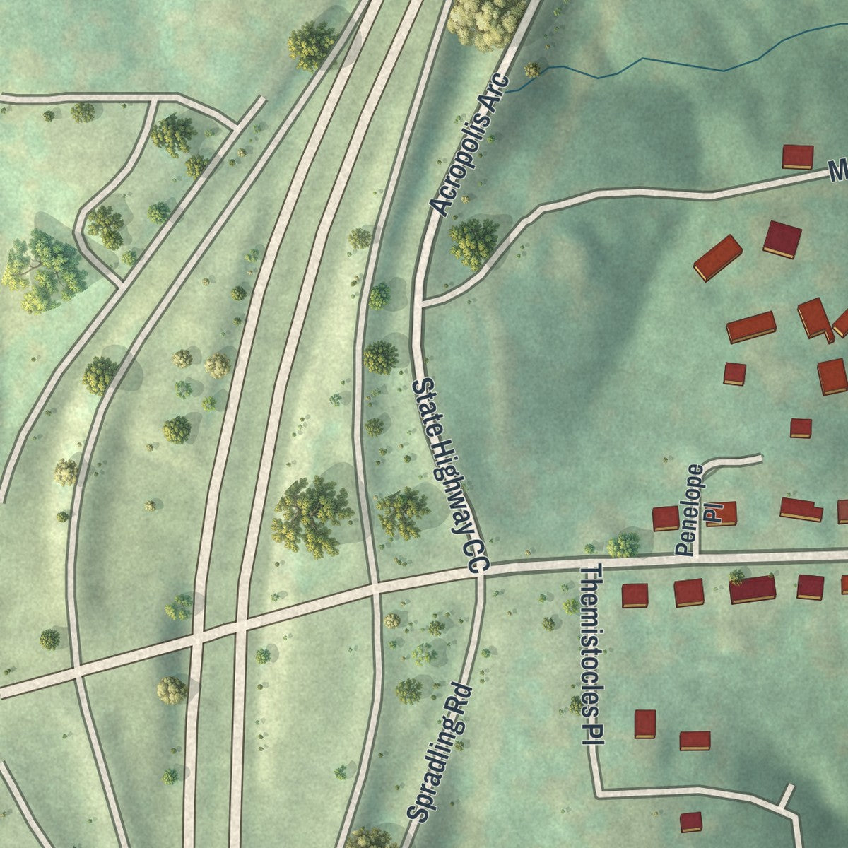 Close-up of the map of Olympian Village, Missouri print showing street and building detail
