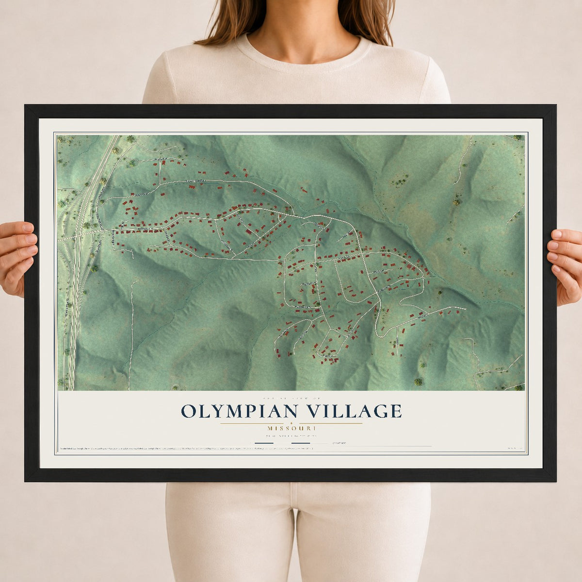 Map of Olympian Village, Missouri, 18 x 24 inch print in a black wood frame