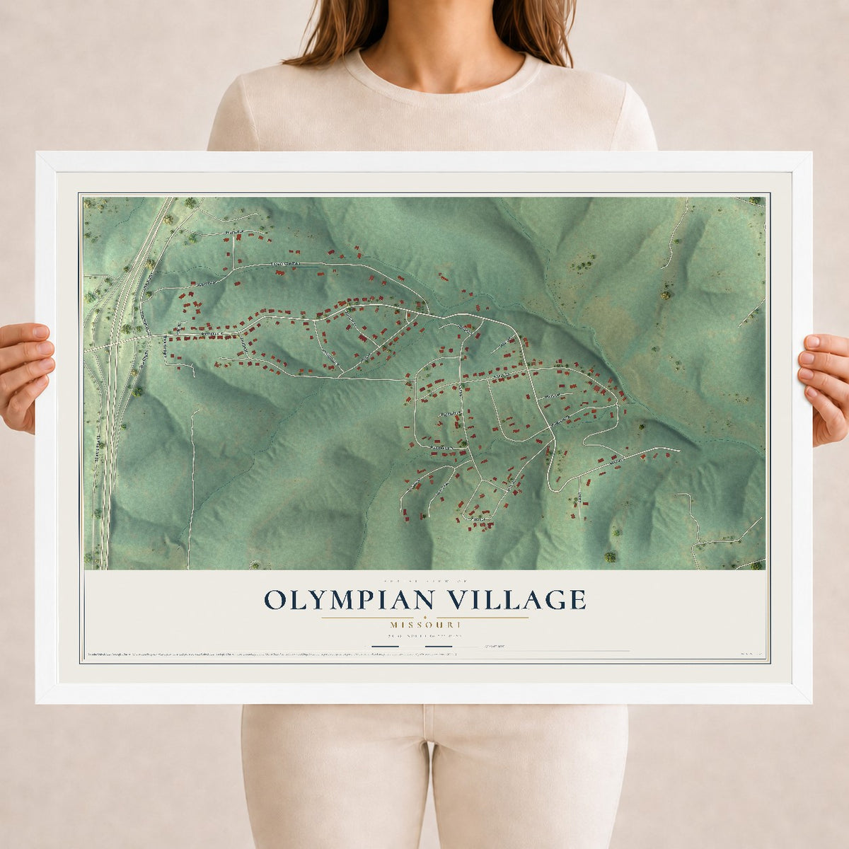 Map of Olympian Village, Missouri, 18 x 24 inch print in a white wood frame