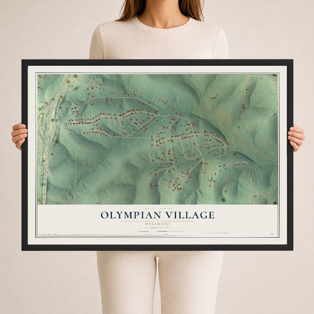 Map of Olympian Village, Missouri, 24 x 36 inch print in a black wood frame