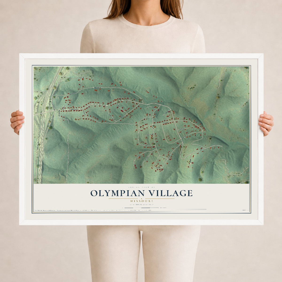 Map of Olympian Village, Missouri, 24 x 36 inch print in a white wood frame