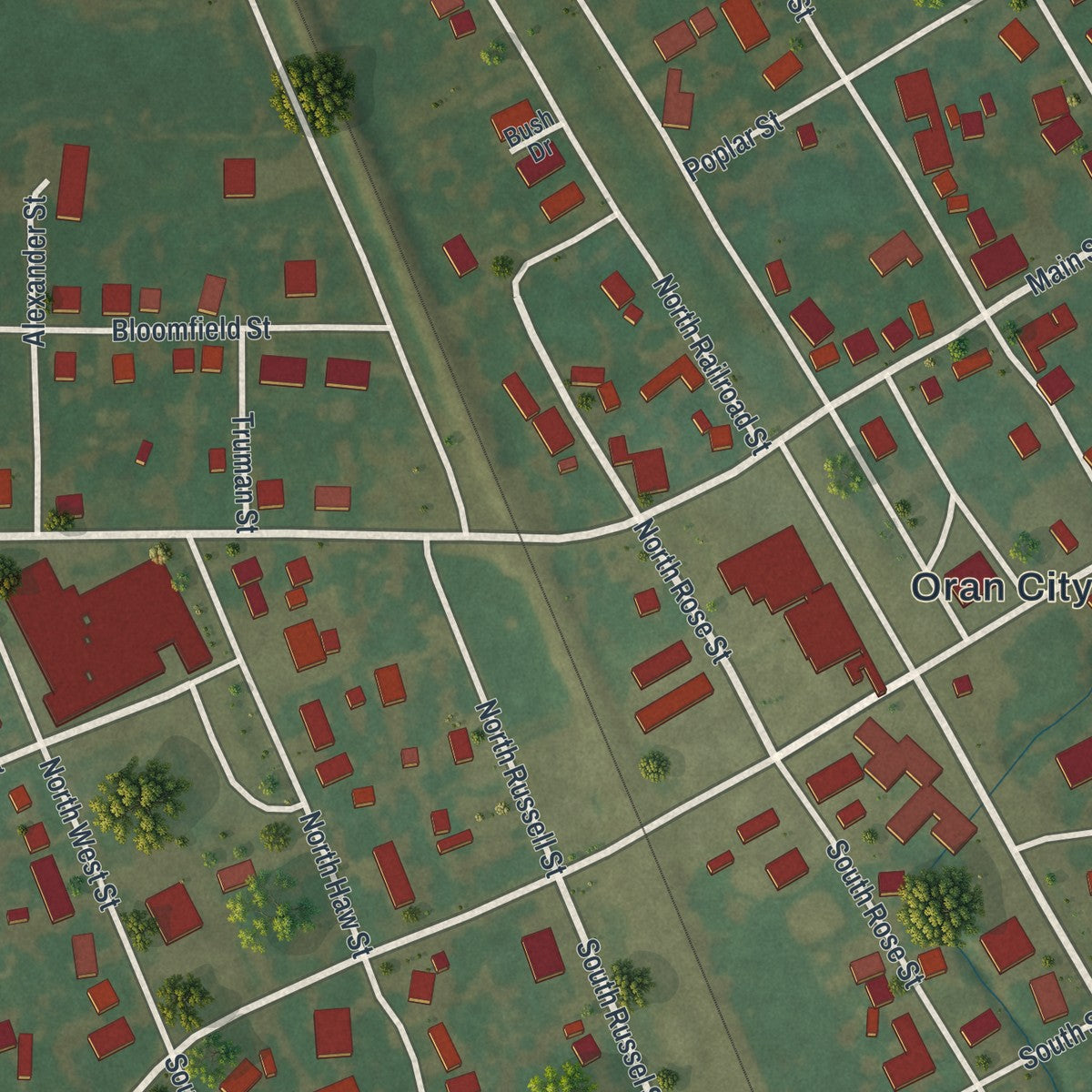 Close-up of the map of Oran, Missouri print showing street and building detail