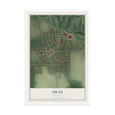 Map of Oran, Missouri, 12 x 18 inch print in a white wood frame
