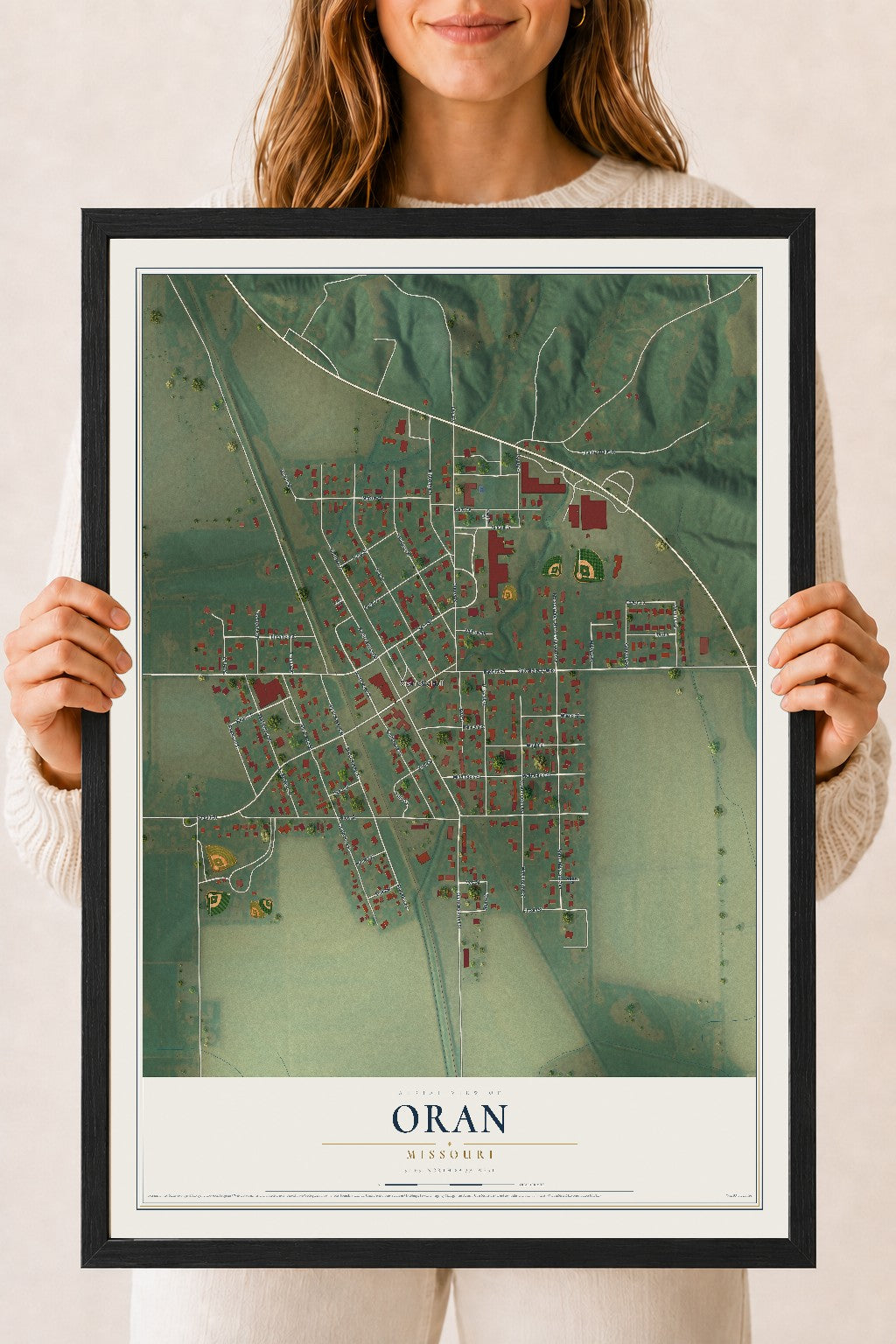Map of Oran, Missouri, 18 x 24 inch print in a black wood frame