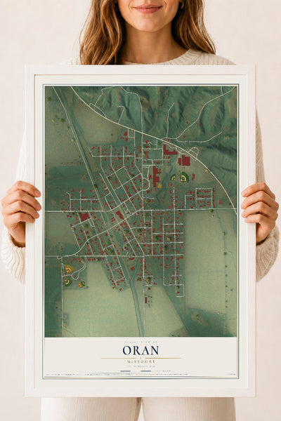 Map of Oran, Missouri, 18 x 24 inch print in a white wood frame