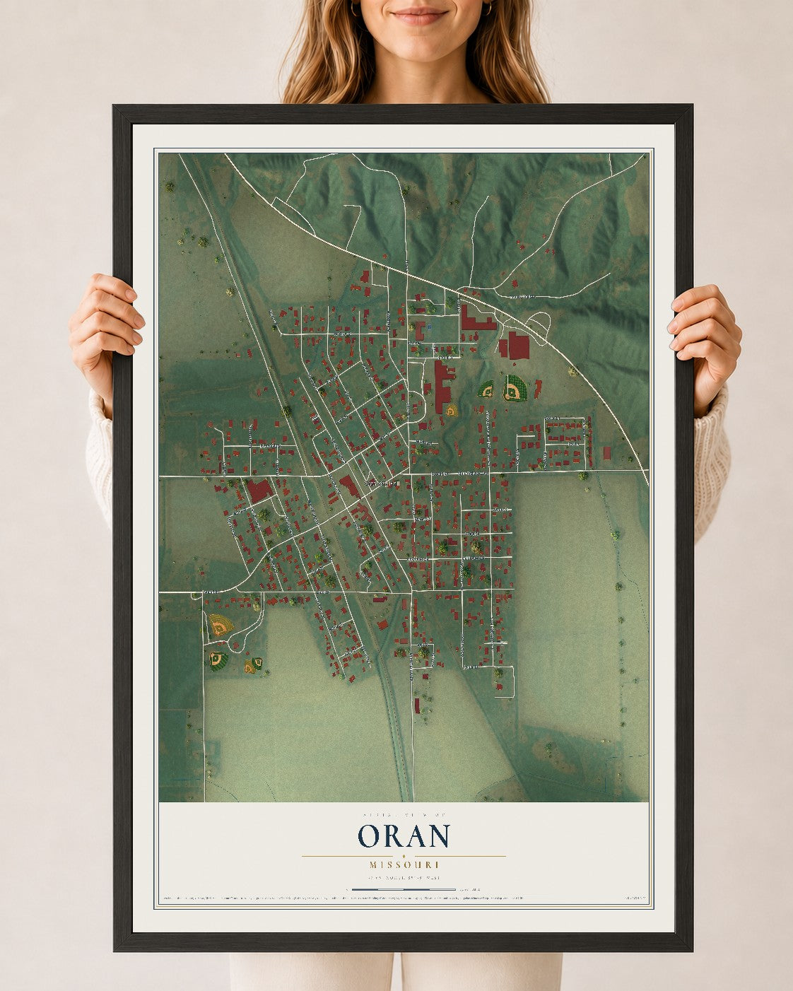 Map of Oran, Missouri, 24 x 36 inch print in a black wood frame