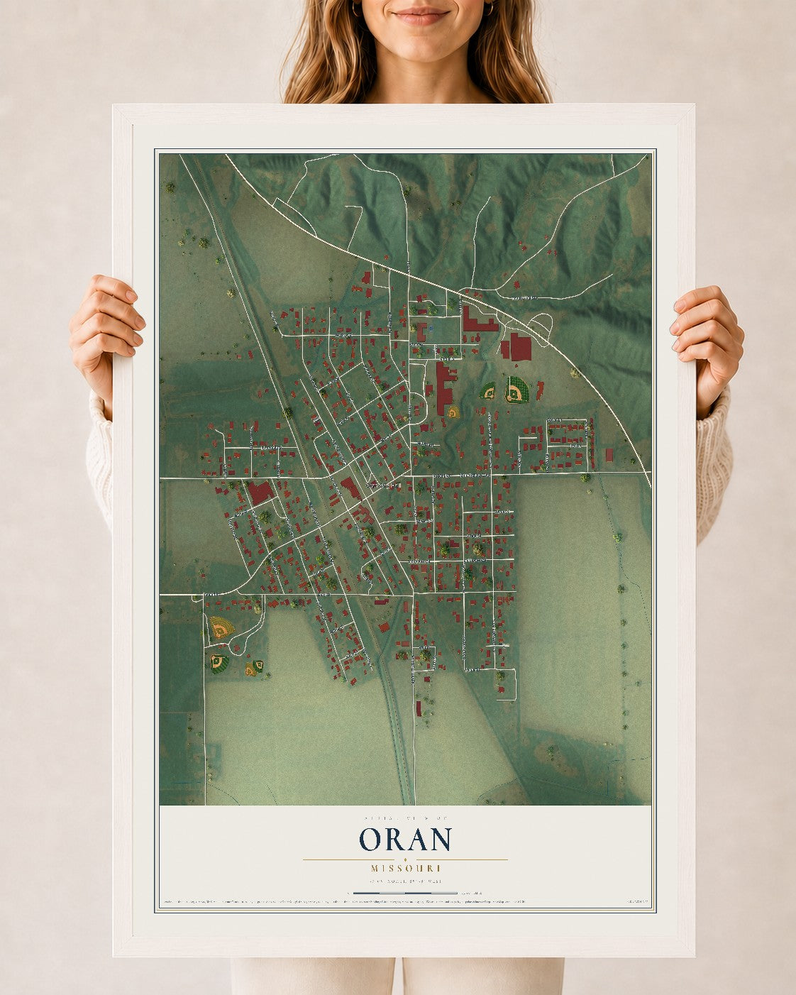 Map of Oran, Missouri, 24 x 36 inch print in a white wood frame