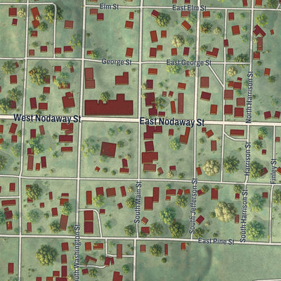 Close-up of the map of Oregon, Missouri print showing street and building detail