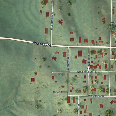 Second close-up of the map of Oregon, Missouri print showing more streets and buildings