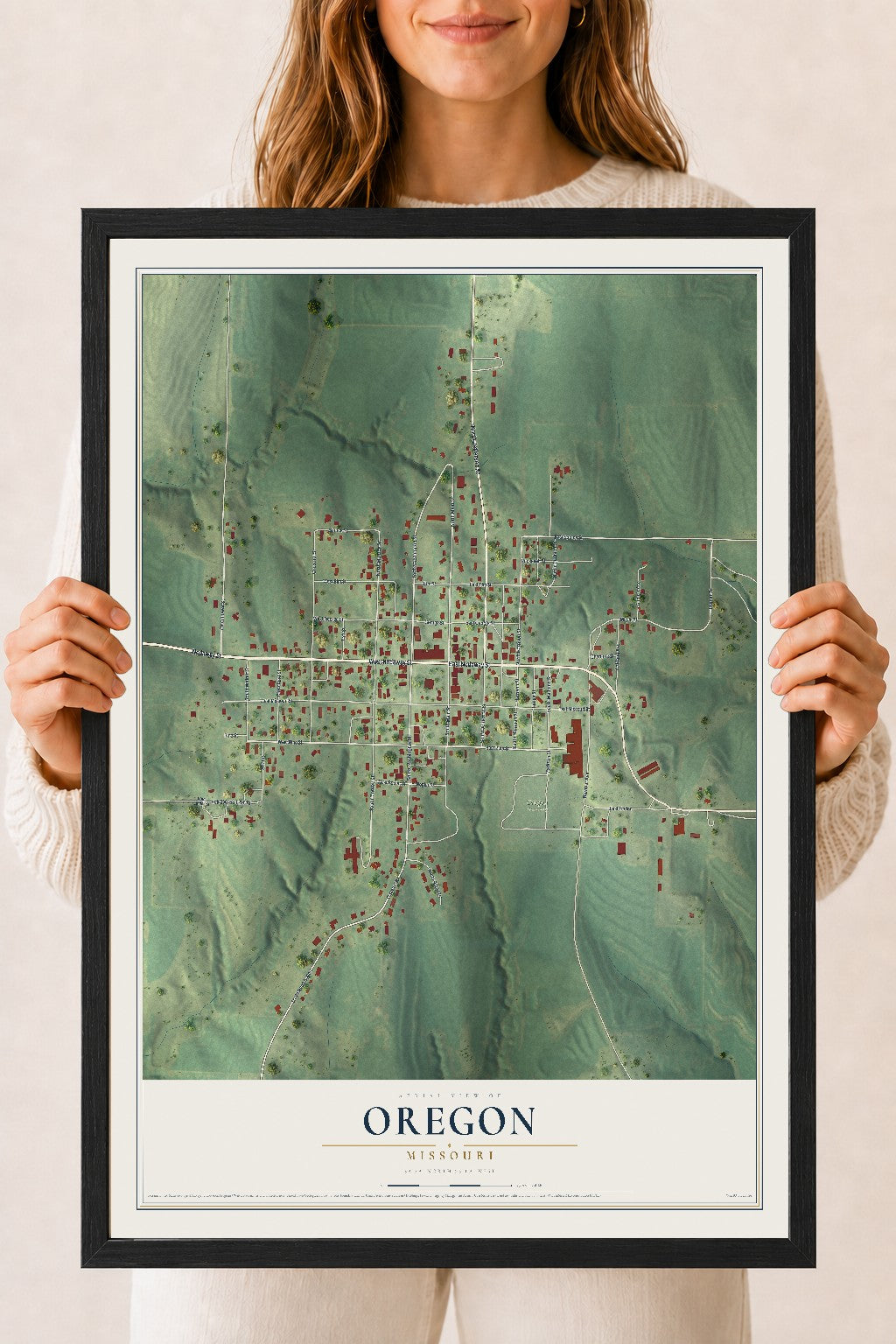 Map of Oregon, Missouri, 18 x 24 inch print in a black wood frame