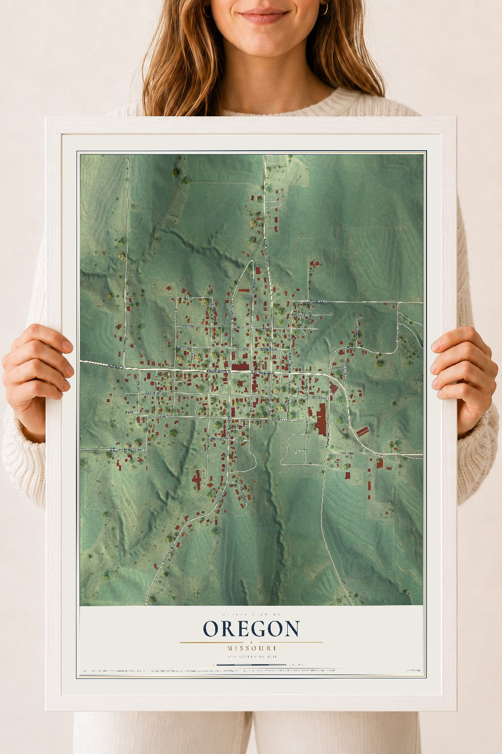 Map of Oregon, Missouri, 18 x 24 inch print in a white wood frame