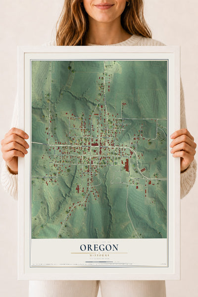 Map of Oregon, Missouri, 18 x 24 inch print in a white wood frame