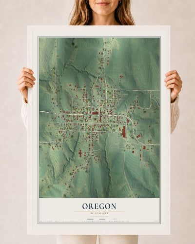Map of Oregon, Missouri, 24 x 36 inch print in a white wood frame