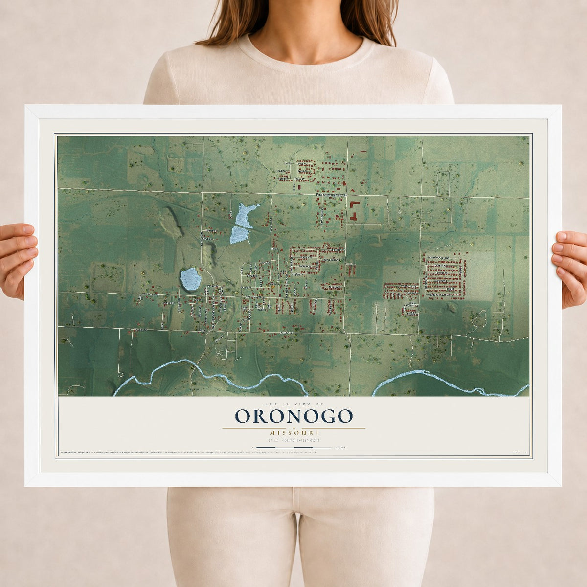 Map of Oronogo, Missouri, 18 x 24 inch print in a white wood frame