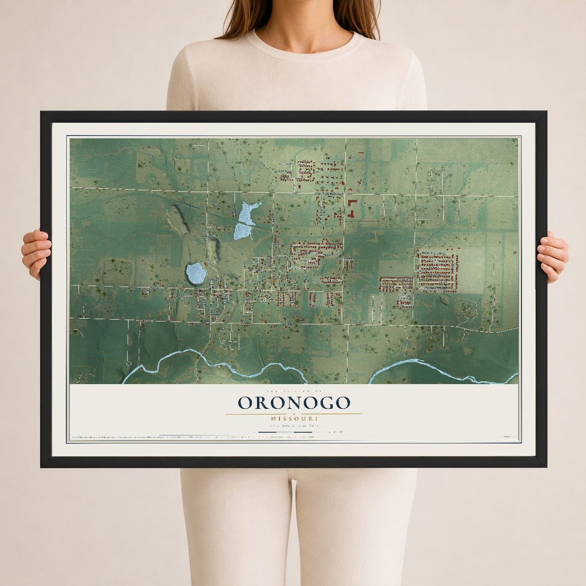 Map of Oronogo, Missouri, 24 x 36 inch print in a black wood frame