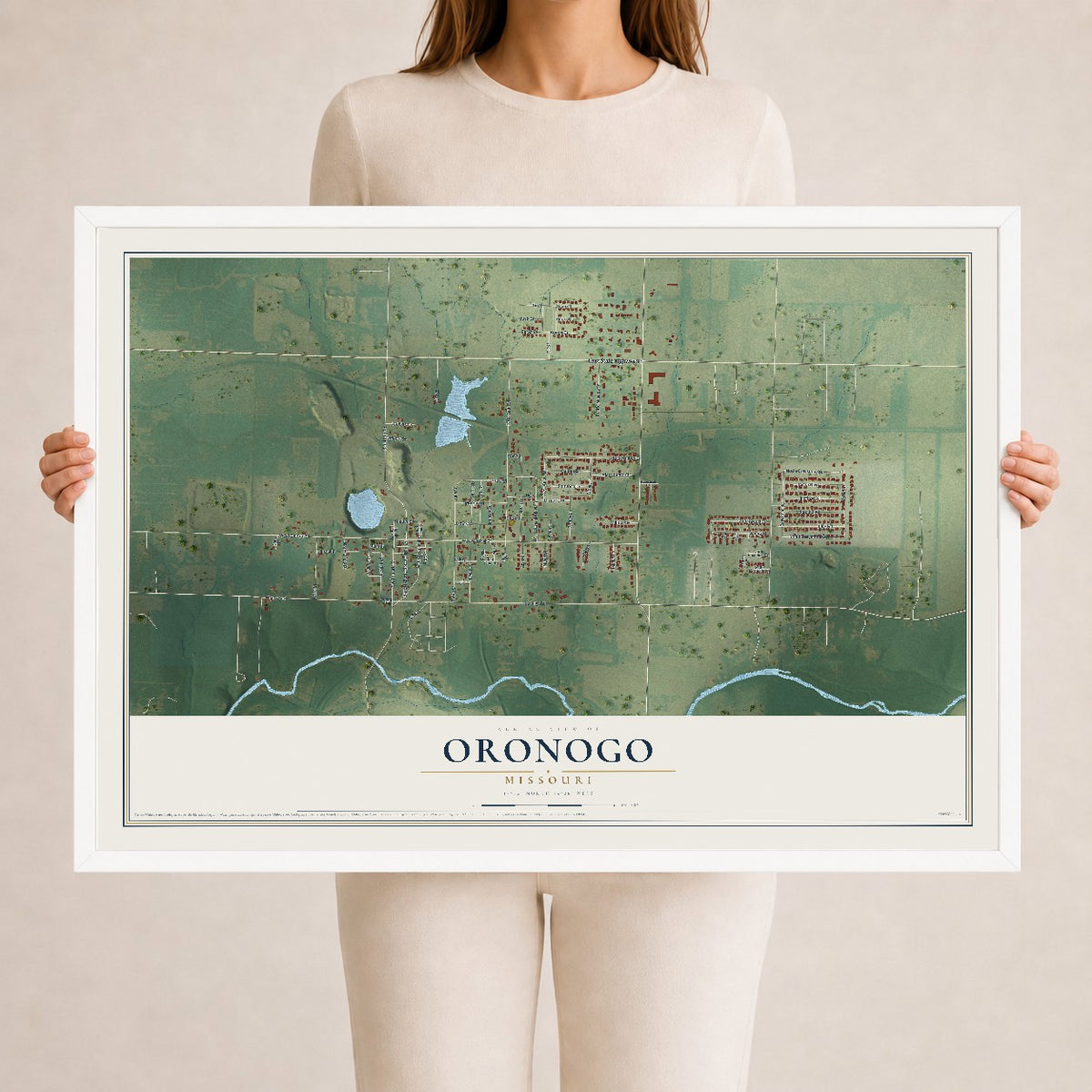 Map of Oronogo, Missouri, 24 x 36 inch print in a white wood frame