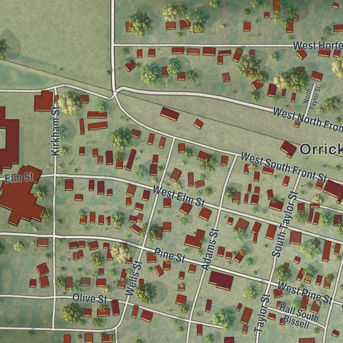 Close-up of the map of Orrick, Missouri print showing street and building detail