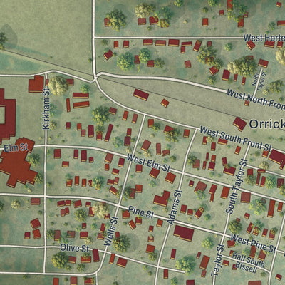 Close-up of the map of Orrick, Missouri print showing street and building detail