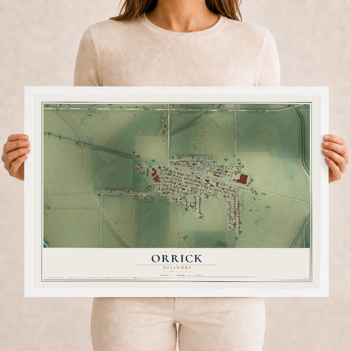 Map of Orrick, Missouri, 12 x 18 inch print in a white wood frame