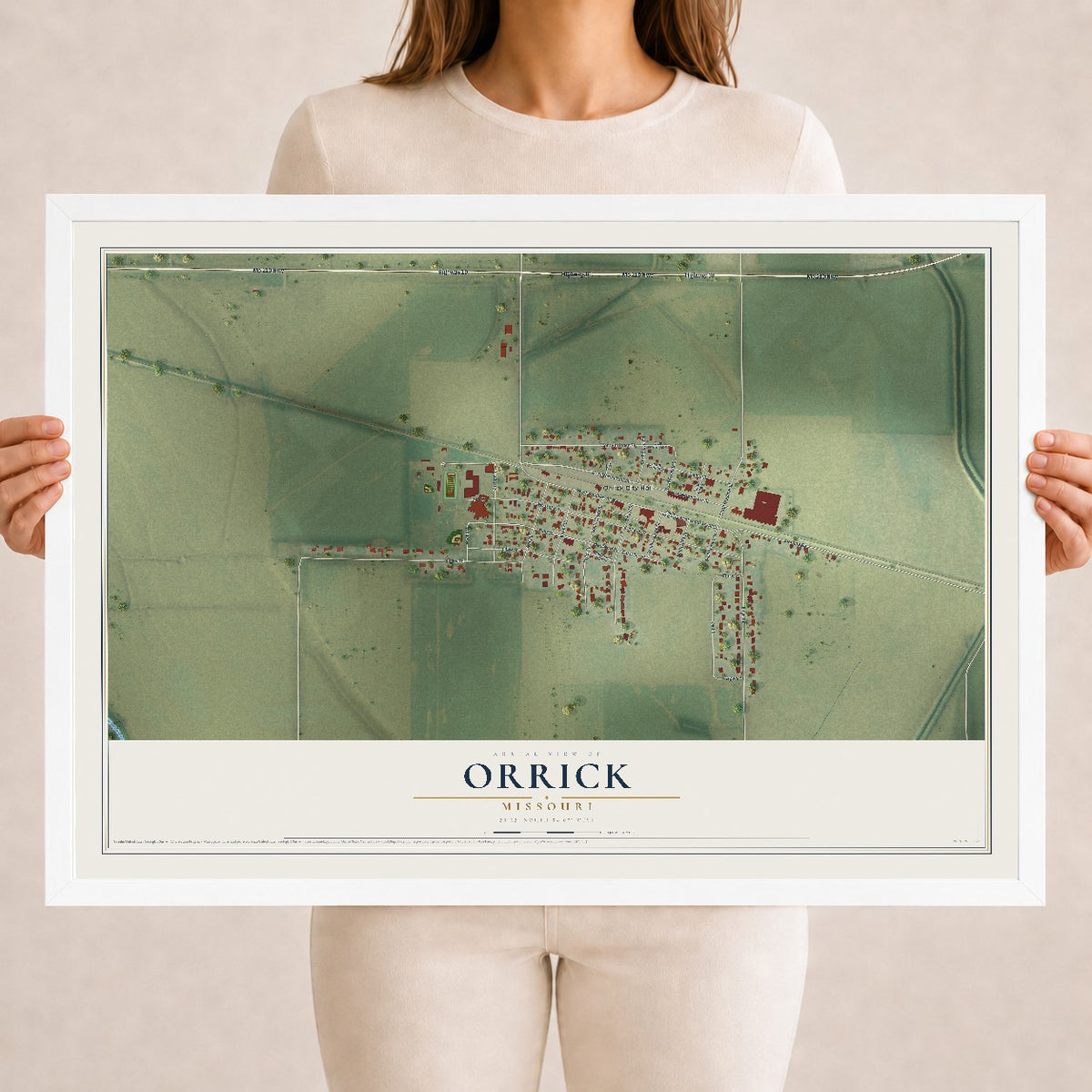 Map of Orrick, Missouri, 18 x 24 inch print in a white wood frame