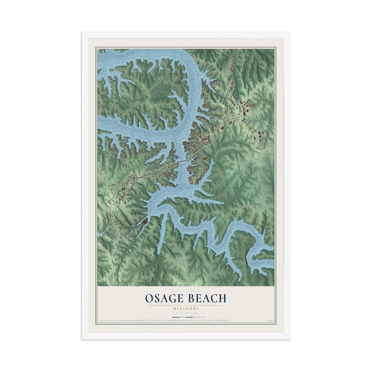 Map of Osage Beach, Missouri, 12 x 18 inch print in a white wood frame