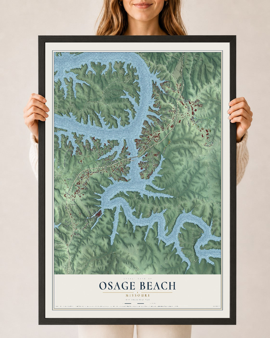 Map of Osage Beach, Missouri, 24 x 36 inch print in a black wood frame