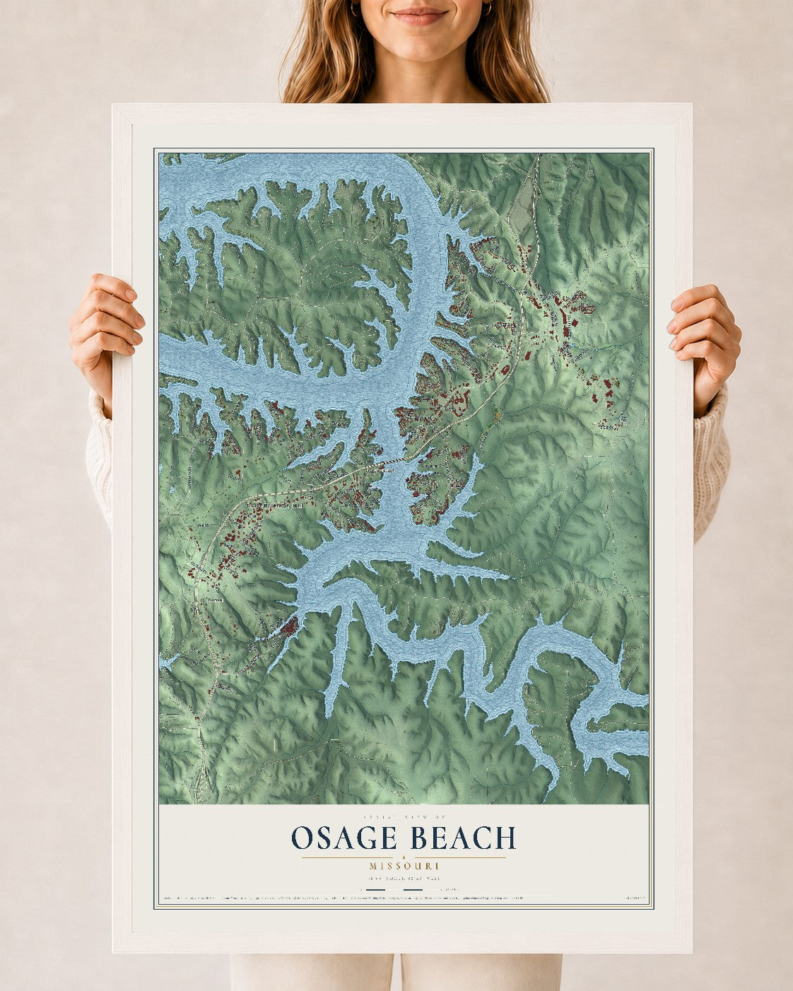 Map of Osage Beach, Missouri, 24 x 36 inch print in a white wood frame
