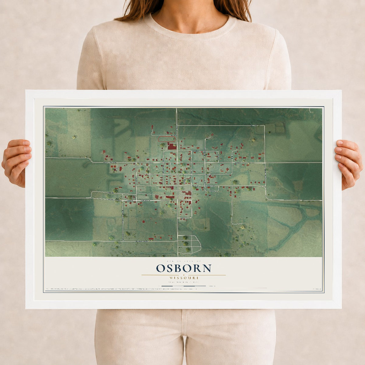 Map of Osborn, Missouri, 12 x 18 inch print in a white wood frame