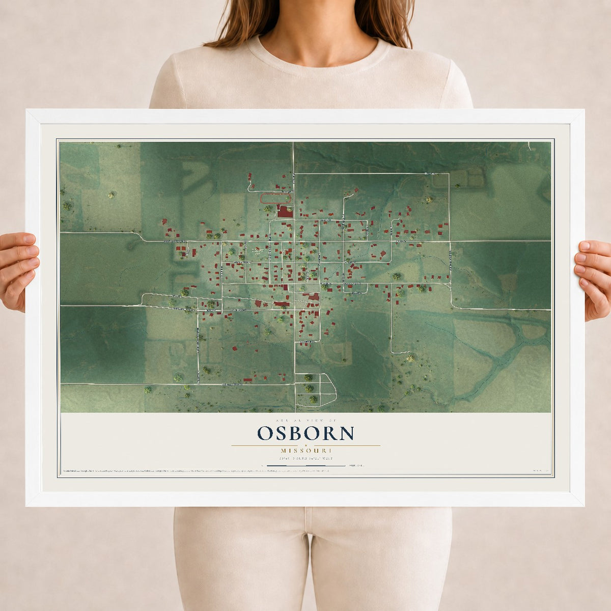 Map of Osborn, Missouri, 18 x 24 inch print in a white wood frame