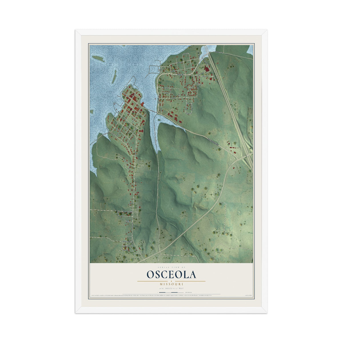 Map of Osceola, Missouri, 12 x 18 inch print in a white wood frame