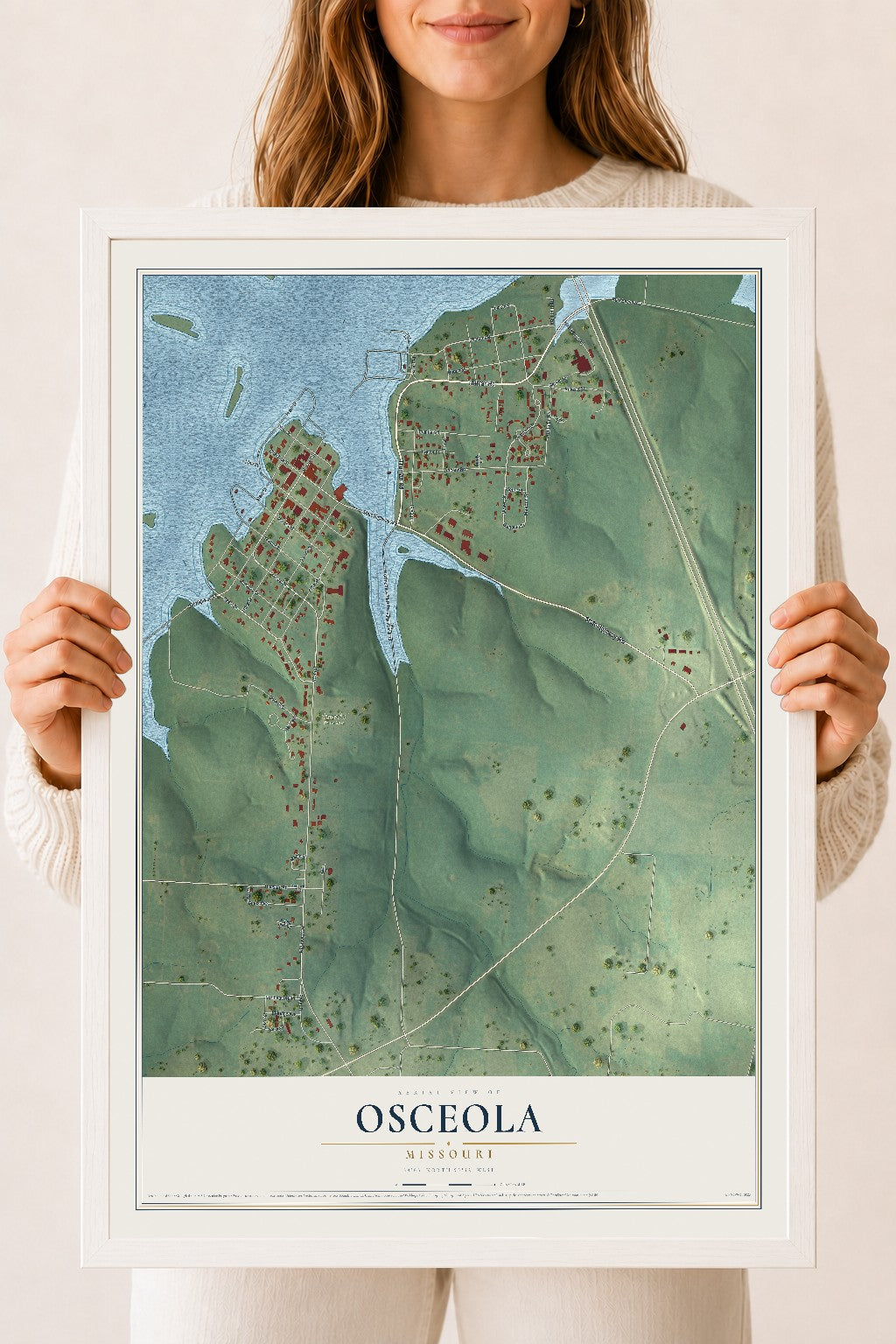 Map of Osceola, Missouri, 18 x 24 inch print in a white wood frame